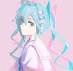  1girl blue_bow blue_eyes blue_hair bow chouzetsusaikawa_tenshi-chan chouzetsusaikawa_tenshi-chan_(cosplay) cosplay double_helix hair_bow hair_intakes hair_ornament hatsune_miku heart heart_hair_ornament highres looking_at_viewer looking_to_the_side needy_girl_overdose pink_background pink_bow pink_sailor_collar pink_shirt pixel_art purple_bow quad_tails rumoon sailor_collar shirt simple_background solo upper_body vocaloid 