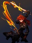  1boy absurdres bishounen black_coat black_gloves coat diluc_(genshin_impact) fire genshin_impact gloves highres long_hair lupwhale male_focus open_mouth ponytail red_eyes redhead serious simple_background solo sword weapon 