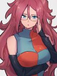  1girl android_21 breasts checkered_clothes checkered_dress dragon_ball dragon_ball_fighterz dress earrings glasses grey_background hair_between_eyes jewelry kemachiku large_breasts long_hair looking_at_viewer redhead simple_background solo upper_body 