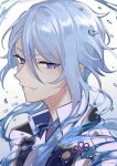  1boy bangs eyebrows_visible_through_hair genshin_impact gradient gradient_background highres japanese_clothes kamisato_ayato light_blue_hair liquid_hair male_focus miz_003 mole mole_under_mouth parted_lips portrait simple_background solo twitter_username violet_eyes water water_drop 