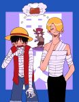  bandaged_arm bandages closed_eyes drooling food hands_up hat highres hungry meat monkey_d._luffy one_piece onohi open_clothes open_shirt reindeer saliva sanji scared straw_hat thinking thought_bubble tony_tony_chopper 