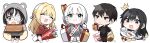  1boy 4girls :3 ^^^ absurdres animal_hood bangs black_hair black_shirt blonde_hair blush_stickers box charlotte_arisaka_anderson chibi closed_mouth cookie cup cutting_board eyepatch flying_sweatdrops food gift gift_box hands_on_hips highres hood hoodie kimitsuka_kimihiko long_hair multicolored_hair multiple_girls natsunagi_nagisa official_art one_side_up open_mouth party_popper pie saikawa_yui saucer second-party_source shirt shorts siesta_(tantei_wa_mou_shindeiru) smile smug socks tantei_wa_mou_shindeiru teacup tripping umibouzu_(niito) 