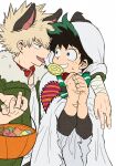  2boys animal_ears arm_around_shoulder bakugou_katsuki bandaged_arm bandages blonde_hair boku_no_hero_academia candy coat collar food freckles ghost_costume green_coat green_eyes green_hair halloween_bucket halloween_costume highres holding holding_candy holding_food holding_lollipop lollipop looking_at_another male_focus midoriya_izuku multiple_boys no_control own_hands_clasped own_hands_together patch red_collar red_eyes scar scar_on_arm scar_on_hand scared simple_background spiky_hair sweatdrop teeth tongue werewolf_costume white_background wolf_ears 