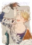  1boy bangs black_shirt blonde_hair bottle brown_gloves closed_eyes cup drooling food gloves granblue_fantasy holding holding_food incoming_food kishiyama male_focus open_mouth shirt short_hair solo upper_body vane_(granblue_fantasy) wine_bottle 