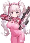  1girl alice_(goddess_of_victory:_nikke) animal_ears bangs bodysuit breasts covered_navel cowboy_shot fake_animal_ears gloves goddess_of_victory:_nikke headphones headset highres holding holding_weapon jacket long_hair looking_at_viewer medium_breasts pink_eyes pink_gloves project_nikke qianduan_mozhi red_jacket simple_background skin_tight solo thigh_gap twintails v very_long_hair weapon white_background white_hair 