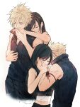  1boy 1girl arm_ribbon black_hair blonde_hair brown_hair caress closed_eyes cloud_strife earrings final_fantasy final_fantasy_vii final_fantasy_vii_advent_children highres holding_hands hug jewelry kiss kissing_hand long_hair maiii_(smaii_i) ribbon smile spiky_hair tifa_lockhart turtleneck 