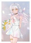  1girl absurdres bangs blush bouquet breasts dress english_commentary eyebrows_visible_through_hair floating_hair grey_hair head_tilt highres holding holding_bouquet long_hair looking_at_viewer medium_breasts qualia_qu re:act sleeveless sleeveless_dress smile solo sowon_(sowonhae) thigh_strap virtual_youtuber white_dress yellow_eyes 