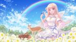  1girl absurdres ayamo_nono bird blonde_hair blue_sky cat deer dress flower highres long_hair looking_at_viewer nemuri_nemu official_art open_mouth rainbow re:act sky smile tree virtual_youtuber wings wood 