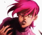  1boy freckles highres hospital_0434 jojo_no_kimyou_na_bouken long_hair male_focus midriff pink_hair ribbed_sweater solo sweater turtleneck vento_aureo vinegar_doppio wide-eyed yellow_eyes 