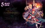  2010 2boys adol_christin armor belt blonde_hair brother_and_sister calendar chain chester_stoddart dress elena_stoddart falcom gloves grey_eyes highres multiple_boys official_art pants purple_eyes red_hair scarf serious shield short_hair siblings sword title_drop wallpaper weapon ys ys:_the_oath_in_felghana 