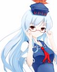  blue_hair cover-d duplicate glasses hat kamishirasawa_keine long_hair glasses red_eyes ribbon solo touhou 