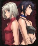  2girls 428 absurdres alphard back-to-back black_eyes black_hair blonde_hair breasts brown_eyes canaan canaan_(character) choker cleavage collarbone fingerless_gloves fingernails gloves highres jewelry multiple_girls necklace official_art ponytail scanning_dust sleeveless sleeveless_turtleneck suspenders tattoo turtleneck 