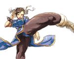  bracelet breasts brown_eyes brown_hair bun_cover capcom china_dress chinese_clothes chun-li double_bun earrings jewelry kicking open_mouth pantyhose shiba_murashouji short_hair simple_background solo spiked_bracelet spikes street_fighter 