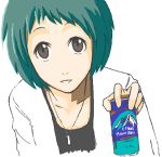  brown_eyes casual drink green_hair jewelry looking_at_viewer necklace open_mouth persona persona_3 short_hair simple_background smile solo yamagishi_fuuka 