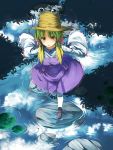  1girl blonde_hair blue_eyes blush clouds flower hair_ribbon hat highres ibuki_notsu long_hair lotus moriya_suwako open_mouth pantyhose reflection ribbon ripples skipping solo stone touhou water white_legwear wide_sleeves yellow_eyes 