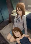  :3 =_= blush brown_eyes brown_hair closed_eyes extra face gym_storeroom hirasawa_yui k-on! lap_pillow lasterk long_hair multiple_girls paw_pose school_uniform skirt tachibana_himeko yuri 