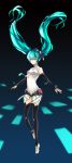  absurdres aqua_eyes aqua_hair bad_id barefoot hatsune_miku hatsune_miku_(append) highres kyra long_hair miku_append navel solo thighhighs twintails very_long_hair vocaloid vocaloid_append 