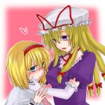  2girls alice_margatroid blonde_hair blue_eyes blush gloves hair_ribbon hairband hat heart monroru open_mouth touhou violet_eyes yakumo_yukari 