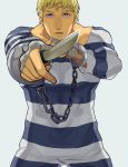  bandage bandages blonde_hair blue_eyes cody cuffs facial_hair handcuffs holding knife male muscle ohji130 outstretched_arm outstretched_hand prison_clothes ringed_eyes simple_background solo standing street_fighter street_fighter_iv stubble weapon 