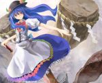  blue_hair hat hinanawi_tenshi keystone long_hair nanashina outstretched_arm pointing red_eyes rock shimenawa solo sword sword_of_hisou touhou weapon yin_yang 