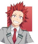  1boy blazer boku_no_hero_academia border collared_shirt grin jacket kirishima_eijirou looking_at_viewer male_focus nagiayase necktie red_background red_eyes red_necktie redhead school_uniform sharp_teeth shirt smile solo spiky_hair star_(symbol) teeth u.a._school_uniform white_border white_shirt 