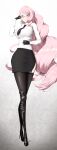  1girl absurdres black_footwear black_legwear black_necktie black_skirt blush boots breasts closed_mouth commentary commentary_request fate/grand_order fate_(series) full_body glasses high_heels highres koyanskaya_(fate) large_breasts long_hair long_sleeves looking_at_viewer necktie pink_hair shiroshisu shirt shirt_tucked_in skirt solo standing tamamo_(fate) thigh-highs thigh_boots thighhighs_under_boots white_shirt 