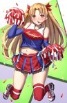  1girl absurdres alternate_costume bangs bare_shoulders blonde_hair blush character_name cheerleader detached_sleeves ereshkigal_(fate) eyebrows_visible_through_hair fate/grand_order fate_(series) full_body hair_ornament highres long_hair long_sleeves open_mouth parted_bangs pom_pom_(cheerleading) red_eyes red_legwear smile thigh-highs toukan twintails white_footwear 