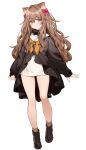  1girl animal_ear_fluff animal_ears bangs black_footwear blush bow brown_eyes brown_hair extra_ears eyebrows_visible_through_hair full_body hair_between_eyes hair_bow highres long_hair looking_at_viewer nyum original simple_background solo white_background 