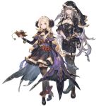  2girls aqua_eyes arm_at_side bangs blonde_hair boots breasts crossed_legs dress fold-over_boots granblue_fantasy green_eyes habit hand_up high_heel_boots high_heels long_hair looking_at_viewer medium_breasts minaba_hideo mireille_(granblue_fantasy) multiple_girls official_art pantyhose risette_(granblue_fantasy) silver_hair simple_background skirt small_breasts standing thigh-highs transparent_background vial 
