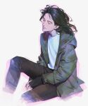  1boy alzi_xiaomi brown_hair brown_pants chromatic_aberration closed_eyes closed_mouth commentary english_commentary green_jacket highres jacket long_hair long_sleeves male_focus original pants photo-referenced shirt sitting solo white_shirt 