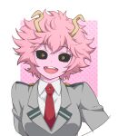  1girl ashido_mina black_sclera blazer boku_no_hero_academia border collared_shirt colored_sclera colored_skin eyebrows_visible_through_hair horns jacket looking_at_viewer nagiayase necktie open_mouth pink_background pink_hair pink_skin red_necktie school_uniform shirt short_hair smile solo u.a._school_uniform white_border white_shirt yellow_eyes 