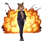  1girl animal_ears beleven black_jacket coyote_(kemono_friends) explosion gloves highres jacket kemono_friends kemono_friends_v_project meme multicolored_hair necktie shirt shoes simple_background skirt solo tail virtual_youtuber white_background white_shirt 