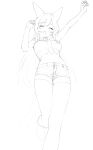  1girl absurdres animal_ears arm_up bell blush commission denim denim_shorts fangs greyscale half-closed_eyes highres kona_ming leg_up long_hair monochrome navel neck_bell necktie original pixiv_request shorts simple_background sketch skindentation smile solo tail white_background 