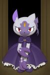  1girl :&lt; animal_ears animal_nose blush body_fur bow bowtie claws closed_mouth clothed_pokemon commentary dress embarrassed flat_chest forehead_jewel frilled_dress frills full_body furry furry_female grey_fur hair_bow highres hisuian_sneasel holding_own_arm inkune looking_at_viewer nose_blush pokemon pokemon_(creature) puffy_short_sleeves puffy_sleeves purple_bow purple_bowtie purple_dress purple_footwear purple_fur red_eyes shoes short_sleeves solo standing straight-on two-tone_fur 