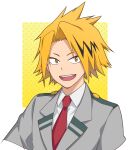  1boy blonde_hair boku_no_hero_academia border collared_shirt kaminari_denki looking_at_viewer male_focus nagiayase necktie red_necktie school_uniform shirt smile solo_focus teeth u.a._school_uniform white_border white_shirt yellow_background yellow_eyes 