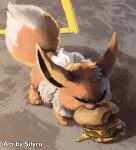  animal_focus artist_name brown_eyes burger cheese eating eevee english_text fluffy food food_bite full_body half-closed_eyes highres looking_at_viewer meat no_humans pokemon pokemon_(creature) sesame_seeds sifyro solo watermark 
