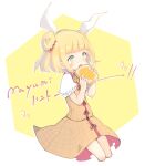  1girl bangs blonde_hair blunt_bangs character_name commentary_request double_bun eating food frilled_sleeves frills green_eyes hair_ribbon haniwa_(statue) highres joutouguu_mayumi m_(m073111) multicolored_eyes puffy_short_sleeves puffy_sleeves ribbon shirt short_hair short_sleeves simple_background skirt solo sparkle toast tongue tongue_out touhou white_ribbon yellow_eyes 