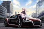  1girl absurdres audi azur_lane breasts car car_keys cityscape cropped_jacket full_body gloves grey_hair ground_vehicle headset highres kcar66t long_hair motor_vehicle need_for_speed need_for_speed:_carbon official_alternate_costume prinz_eugen_(azur_lane) prinz_eugen_(final_lap)_(azur_lane) product_placement racequeen sitting skirt thighs two_side_up under_boob 