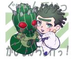  2boys chibi cioccolata earrings facepaint facial_mark green_day_(stand) green_eyes green_hair highres hospital_0434 jewelry jojo_no_kimyou_na_bouken lipstick makeup male_focus multiple_boys purple_lips stand_(jojo) vento_aureo 