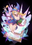  1girl bare_shoulders between_legs blonde_hair blue_headwear blush blush_stickers closed_mouth collarbone dark_magician_girl duel_monster eyebrows_visible_through_hair fingernails green_eyes grey_background hair_between_eyes hat heart highres holding holding_wand kneeling long_hair looking_at_viewer magic_circle off_shoulder pentagram pot pot_of_greed red_cucumber shiny shiny_skin simple_background smile solo tongue tongue_out wand yu-gi-oh! 