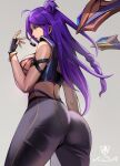  1girl absurdres ahoge armband ass black_gloves black_pants breasts cowboy_shot crop_top fingerless_gloves from_below from_side gloves gold_bracelet grey_background hair_bun hand_up headset highres k/da_(league_of_legends) k/da_kai&#039;sa kai&#039;sa league_of_legends letsbe logo long_hair looking_ahead medium_breasts microphone midriff official_alternate_costume pants parted_lips purple_hair simple_background solo tight tight_pants violet_eyes 