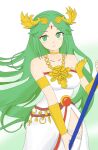  armlet bangs bare_shoulders blush breasts collar dress forehead_jewel goddess gold green_eyes green_hair highres jewelry kid_icarus kid_icarus_uprising laurel_crown long_hair palutena parted_bangs pendant side_slit single_thighhigh strapless strapless_dress thigh-highs vambraces very_long_hair white_dress 