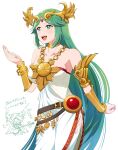  armlet bangs bare_shoulders breasts collar dress forehead_jewel goddess gold green_eyes green_hair highres jewelry kid_icarus kid_icarus_uprising laurel_crown long_hair mow_(m_mow) palutena parted_bangs pendant side_slit single_thighhigh strapless strapless_dress thigh-highs vambraces very_long_hair white_dress 
