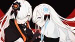  2girls absurdres black_background black_coat black_gloves blue_eyes blue_hair coat dual_persona finger_to_another&#039;s_mouth fingerless_gloves flower gloves grey_eyes hair_flower hair_ornament hair_over_one_eye highres identity_(vocaloid) isekai_joucho kamitsubaki_studio long_hair looking_at_viewer maimuro multicolored_hair multiple_girls parted_lips profile red_background redhead two-tone_background two-tone_hair upper_body virtual_youtuber white_coat white_hair 