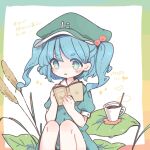  +_+ 1girl artist_name bangs blue_dress blue_eyes blue_hair blush book coffee collared_shirt commentary_request dress eyebrows_visible_through_hair flat_cap green_headwear hair_bobbles hair_ornament hat holding holding_book kawashiro_nitori m_(m073111) medium_hair puffy_short_sleeves puffy_sleeves reading reeds shirt short_sleeves short_twintails sitting smoke solo touhou translation_request twintails twitter_username two_side_up wing_collar 