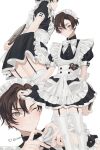  1boy apron black_dress bow bowtie brown_hair closed_mouth commentary_request crossdressing dress frilled_apron frills garter_straps grey_eyes heart heart_hands highres holding holding_tray looking_at_viewer maid maid_apron maid_headdress male_focus megechan mole mole_under_eye multiple_views one_eye_closed original puffy_short_sleeves puffy_sleeves short_hair short_sleeves simple_background smile thigh-highs tray twitter_username white_apron white_background white_bow white_bowtie white_legwear 