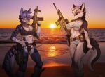  2girls absurdres animal_ears artist_name assault_rifle beach belt belt_buckle bikini black_hair blue_eyes blue_hair breasts buckle commission feet_out_of_frame fur furry furry_female grey_hair gun handgun highres holding holding_gun holding_weapon holster holstered_weapon large_breasts looking_at_viewer magazine_(weapon) multiple_girls navel original pgm300 photo_background pistol rifle safety_glasses sand short_hair sun sunset swimsuit tail water watermark weapon 