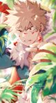  1boy absurdres akino_(aki_ktdk) bakugou_katsuki blonde_hair blood blood_on_face blurry blurry_foreground boku_no_hero_academia character_name depth_of_field earrings facial_mark fingerless_gloves fur_collar gloves green_jacket happy_birthday highres holding jacket jewelry leaf looking_at_viewer male_focus orange_gloves outdoors plant red_eyes solo spiky_hair 