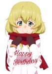  1girl bangs birthday black_mittens blonde_hair blush carpaccio_(girls_und_panzer) casual closed_mouth coat commentary english_text enpera eyebrows_visible_through_hair girls_und_panzer green_eyes happy_birthday kayabakoro long_hair long_sleeves looking_at_viewer red_scarf scarf simple_background smile solo upper_body white_background white_coat winter_clothes 