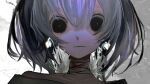  1girl bandaged_neck bandages bangs black_eyes blood blood_on_bandages commentary_request expressionless flower grey_hair highres looking_at_viewer medium_hair no_pupils original portrait saniiiwan snowdrop_(flower) solo white_background 